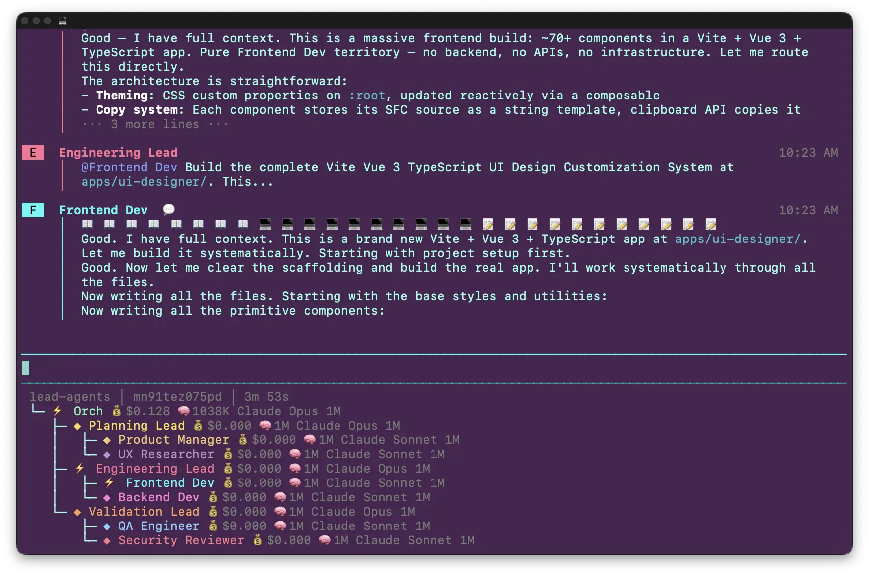 Frontend dev agent writing UI primitives - real multi-agent session 3 minutes in