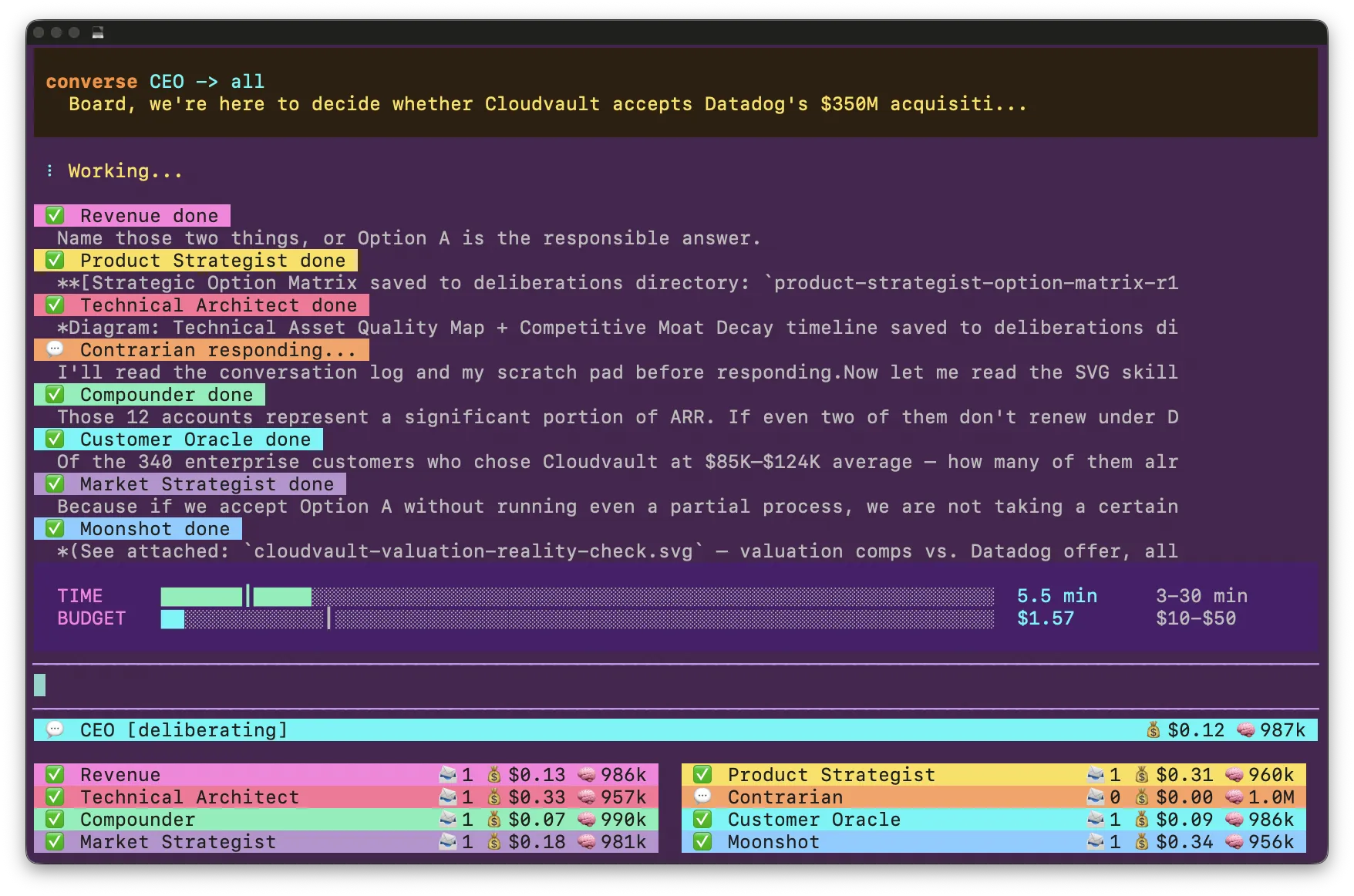 CEO board deliberating a strategic acquisition decision at 5 minute mark - agents debating autonomously