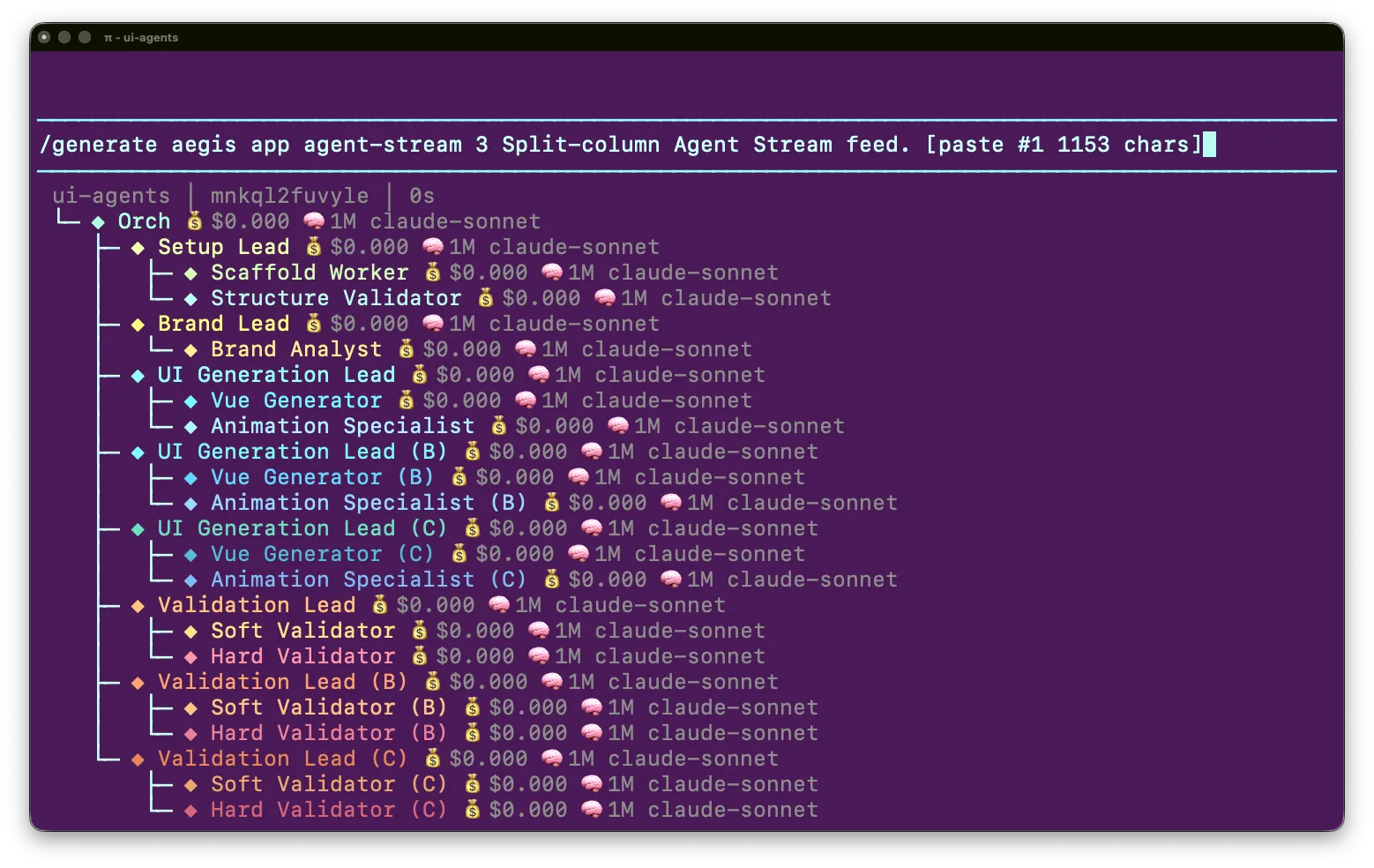 Infinite UI agent team running in Pi coding agent - parallel agents building frontend components